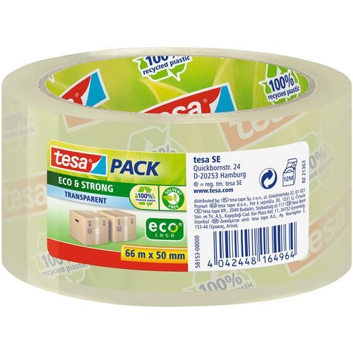 tesa Verpackungsklebeband tesapack Eco & Strong Transparent 50 mm (B) x 66 m (L) PP (Polyproplylen) 58153 Recycelt 100%