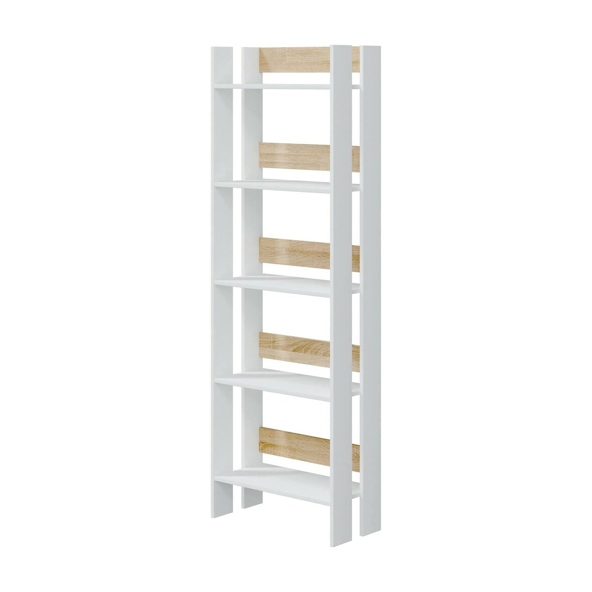 Dmora Bücherregal Warwick, Büroregal mit 5 Regalen, Bücherregal, Bibliothek, 57x27h170 cm, Glänzendes Weiß und Eiche
