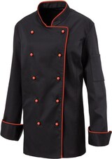thumbnail of 219 - Damenkochjacke langarm, taillert, Fb. schwarz, mit farbiger Paspel : rot 65% Polyester 35%Baumwolle 220 g/m² 4XL