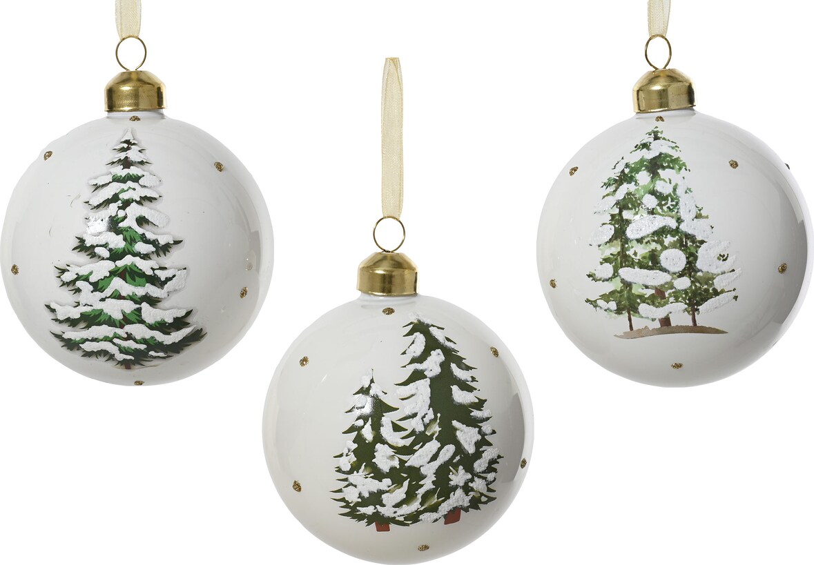 3 Weihnachtskugeln 8cm Glas mit Tannenbaum Motiv Christbaumkugeln Weihnachtsbaumkugeln Christbaumschmuck Weihnachtsbaumschmuck Deko Weiß