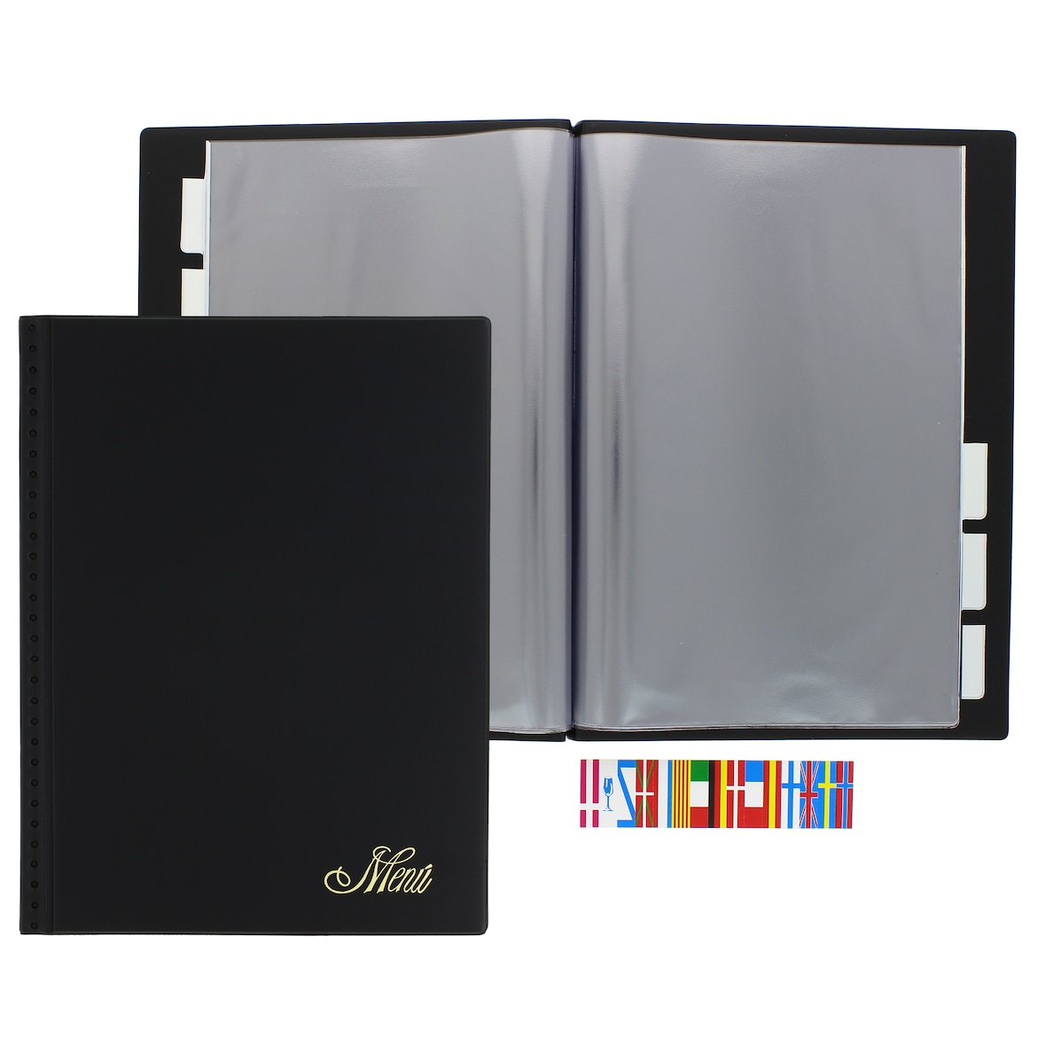 Portamenú con 6 fundas Tamaño Folio con pestaña para indicativos Negro