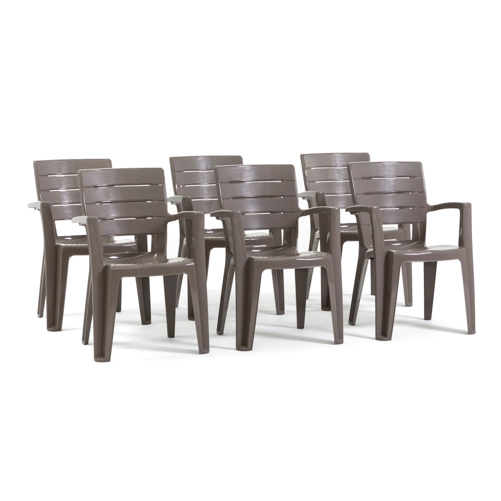 Set de 6 chaises monobloc en polypropylène avec fibre de verre, effet bois, empilables pour extérieur et jardin, bar et restaurant - Anita - Taupe