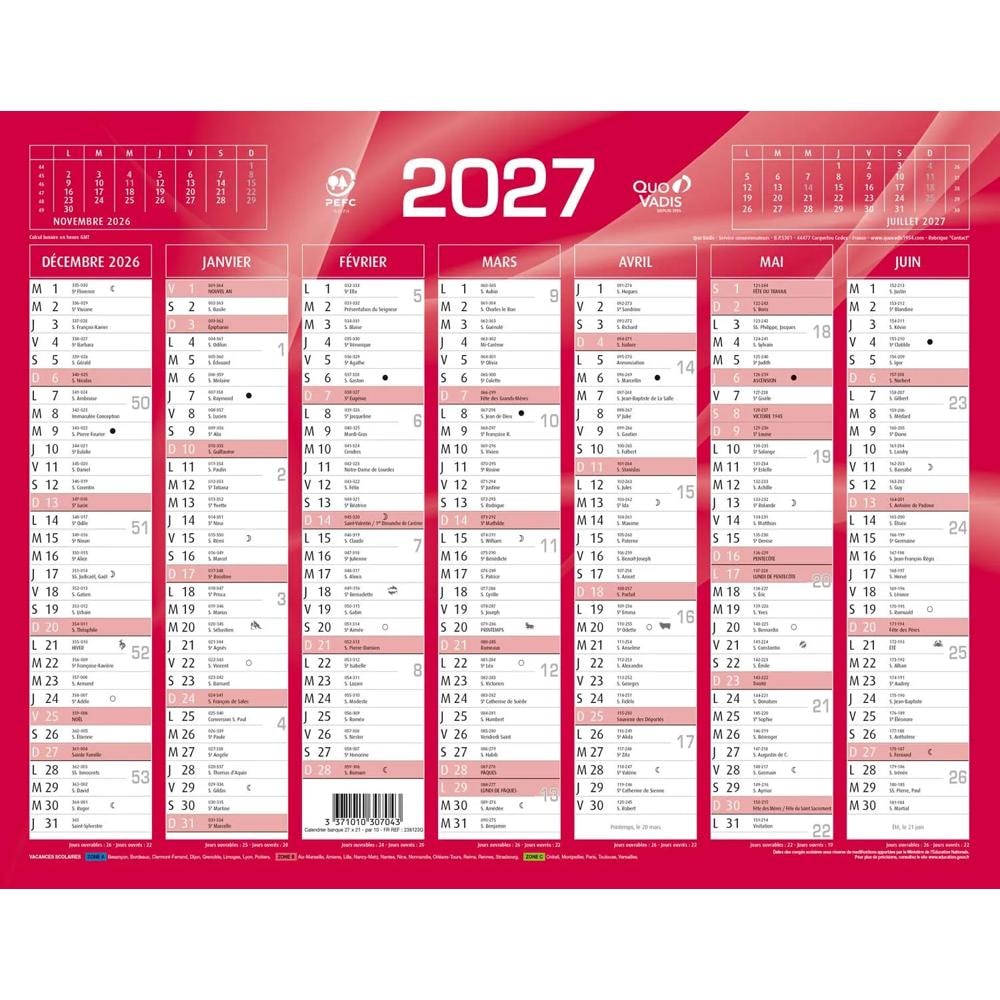 Quo Vadis - Calendrier mural - 2027 - Français - Classic - Rouge - 14 mois de décembre à janvier - 27x21 cm - Papier Clairefontaine blanc