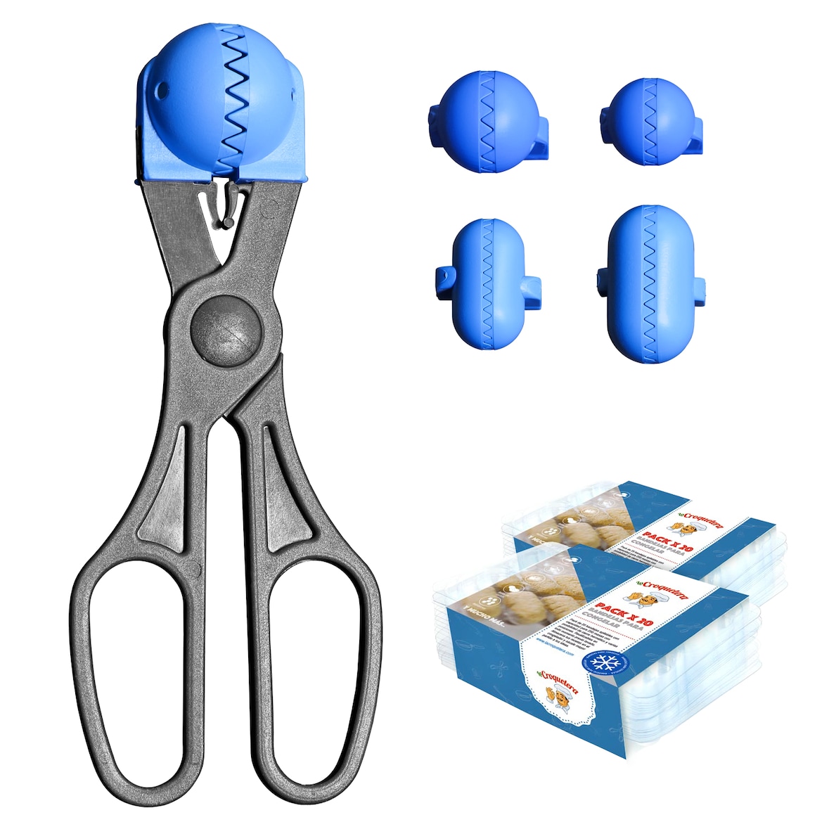 La Croquetera - Set mit multifunktionalem Utensil mit 4 austauschbaren Formen und 40 Aufbewahrungstabletts für Kroketten in Blau