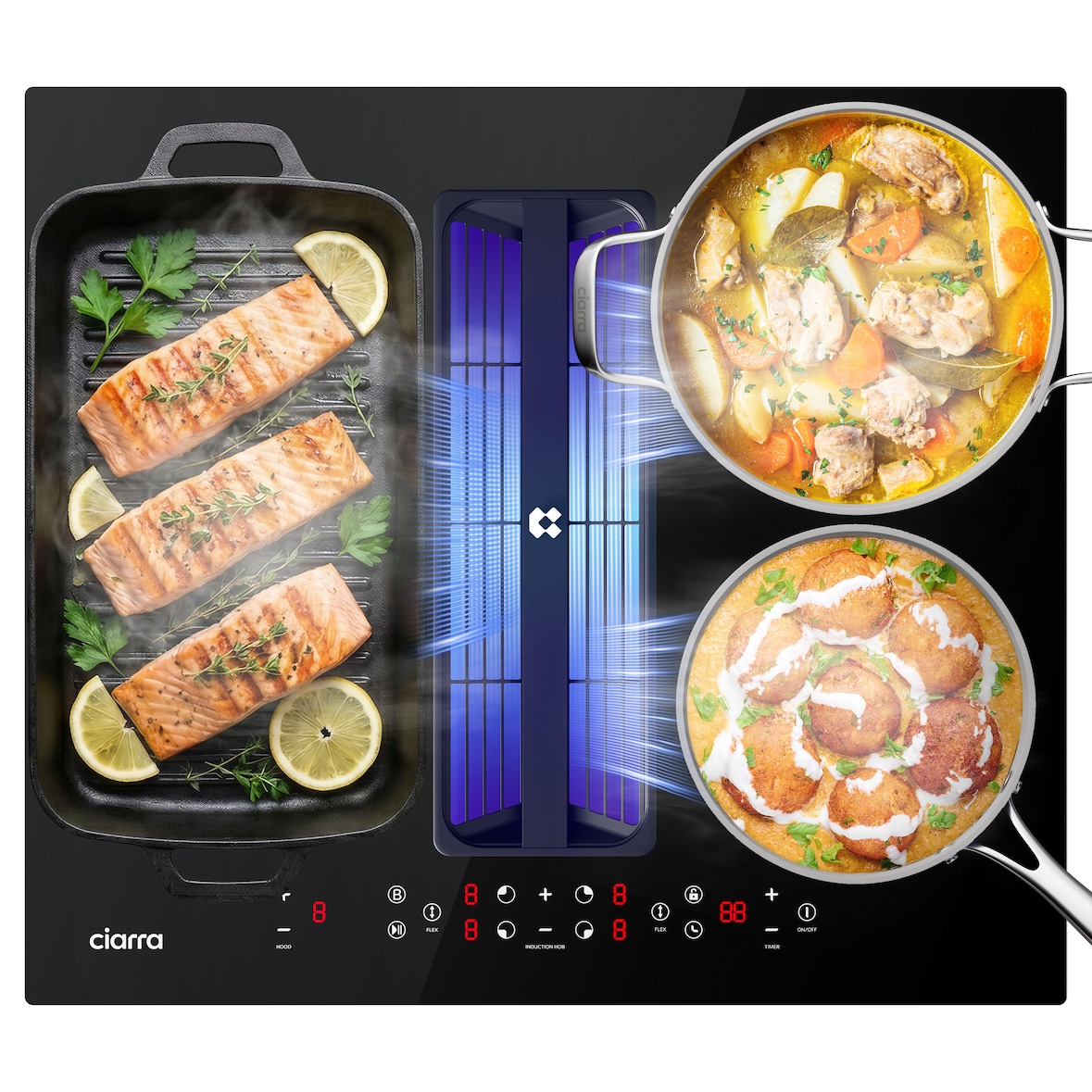 CIARRA Placa de cocción con extractor ONE 59 cm Boost Touch Control con 4 placas 2-Flex Zone Función Stop & Go CBBEH594BBFF