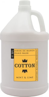 thumbnail of Cotton Handseife Kanister 3.8L, cremefarbenes halbtransparentes Produkt, Minze-Limetten-Duft, transluzenter Behälter zur Füllstandskontrolle.