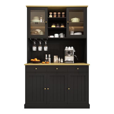 Merax Buffetkast 120 x 40 x 191 cm, hoge vitrinekast met glazen deuren, barvak, glashouder, stopcontacten, USB-A en USB-C, zwart