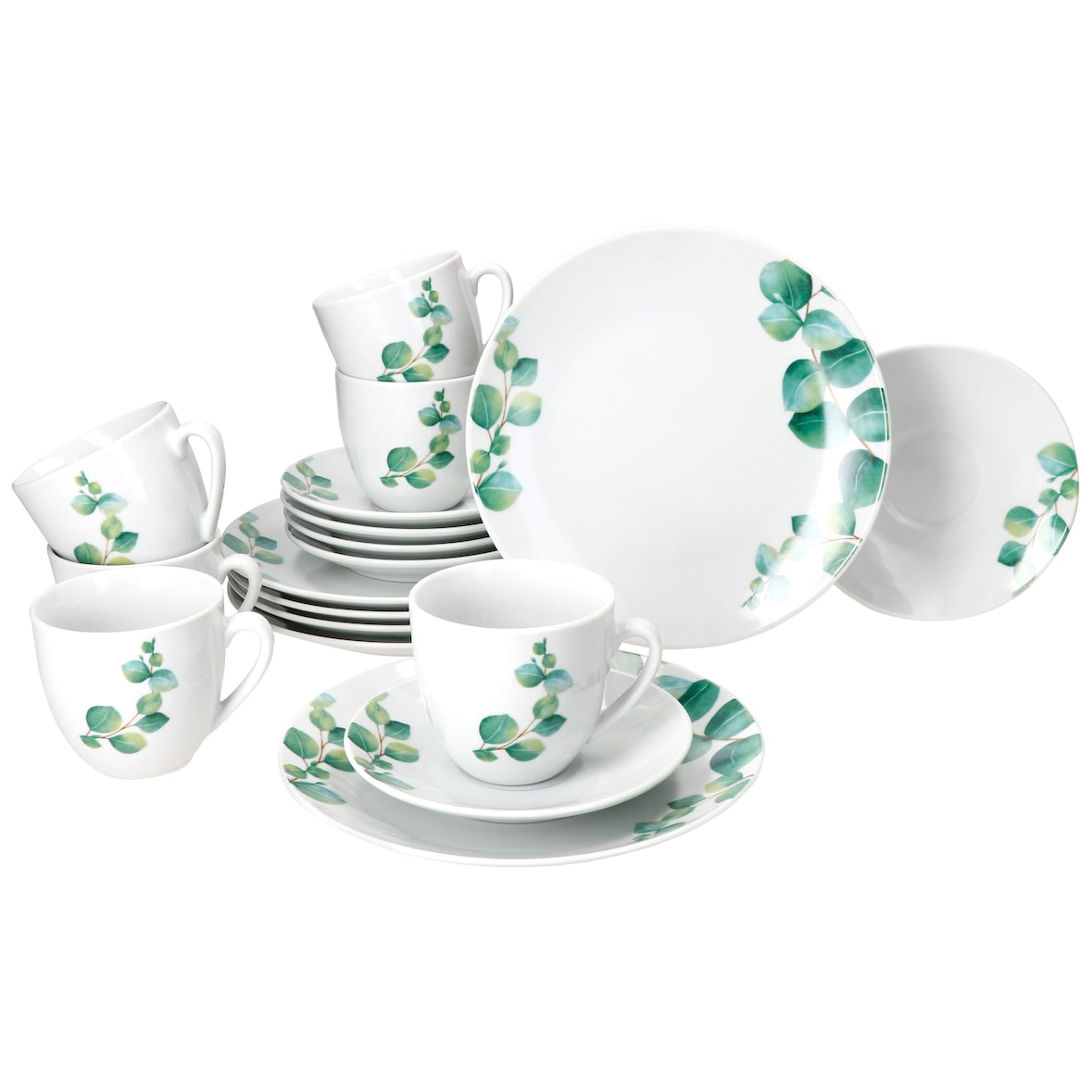 18tlg Kaffeeservice Eukalyptus aus Porzellan für 6 Personen