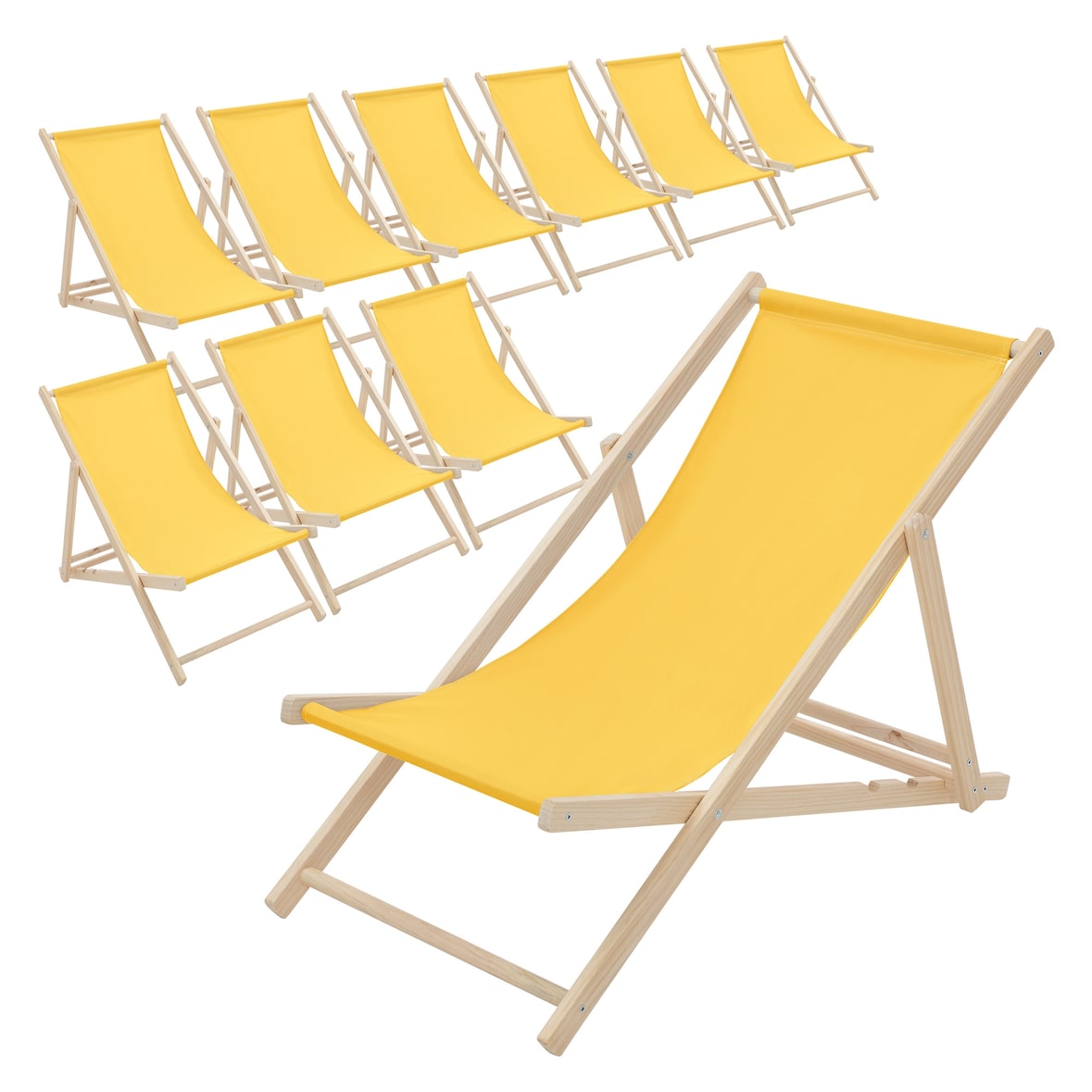ECD Germany 10er Set Liegestuhl klappbar Gelb Holz, verstellbar 3 Positionen bis 120 kg, Sonnenliege Gartenliege Strandstuhl
