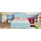 thumbnail of Einzelbett 90x200 aus Massivholz mit Stauraum und Schublade, Holzbett im kreativen Blockdesign, stabiles Bett mit Lattenrost, modernes Design Blau
