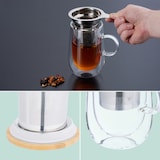 thumbnail of Relaxdays Teeglas, mit Edelstahl-Sieb, Bambusdeckel, Henkel, Volumen 430 ml, doppelwandige Teetasse, transparent/natur