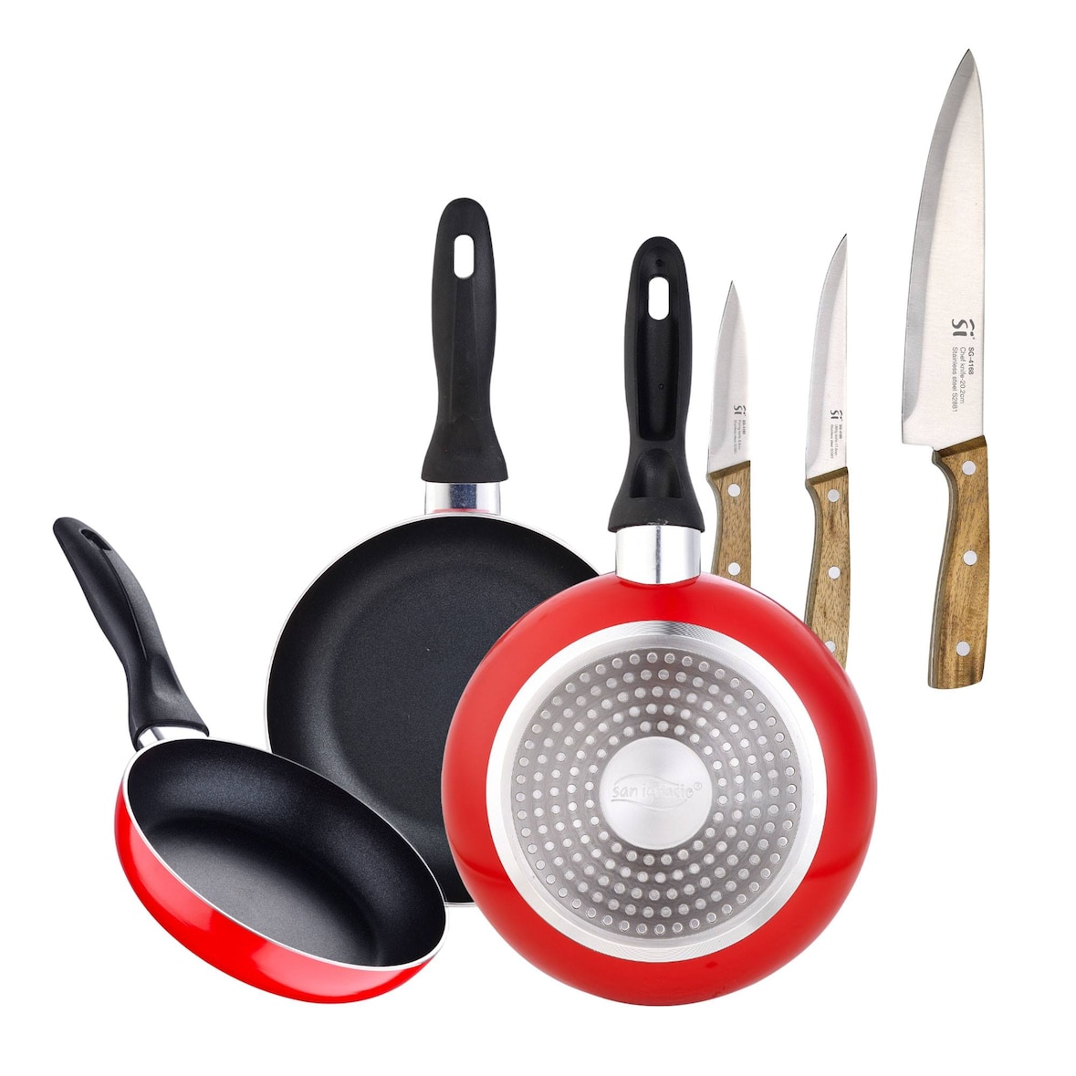 BERGNER - Set aus 3 Pfannen Ø16/20/24cm aus gepresstem Aluminium, geeignet für Induktion Navy Red Stempel-Kaffeemaschine aus Borosilikatglas