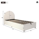 thumbnail of Einzelbett 90x200 mit hydraulischem Stauraum gepolstertem Kopfteil Bouclé-Stoff stabilem Lattenrahmen geräuschdämpfenden Polstern Beige