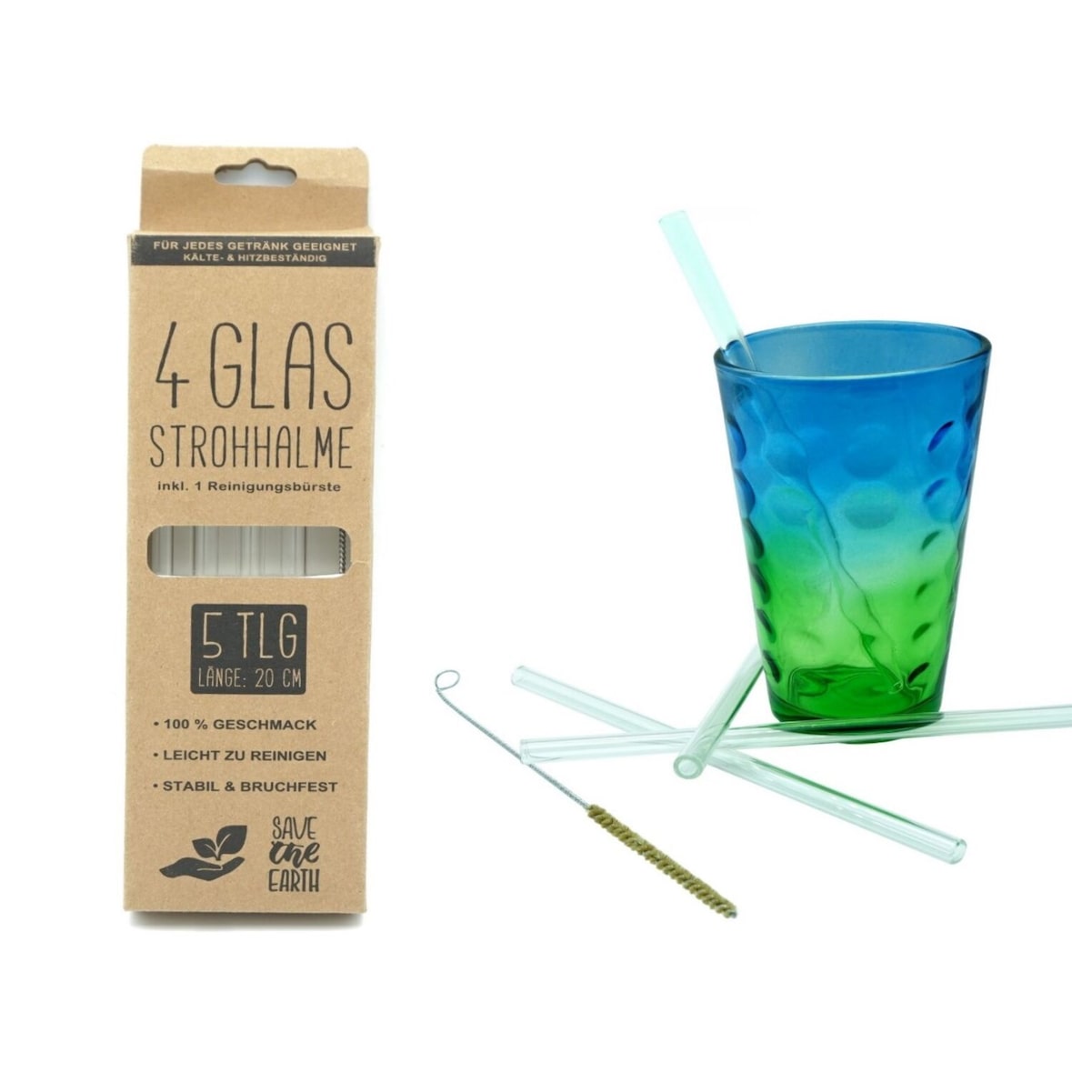 4 Glas-Strohhalme mit Reinigungsbürste - wiederverwendbar - transparent - länge 20 cm