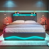 thumbnail of Merax Doppelbett 140 x 200CM Polsterbett – Kopfteil mit LED und Ablageflächen, extra Stauraum unten, mit Lattenrost, USB-Anschlüsse, grau