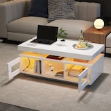 thumbnail of Moderner Couchtisch Weiß mit LED-Beleuchtung, USB-Anschluss, Stauraum, Rebound-Schranktüren, Halboffene Fächer, Kompakt 100x50x43 cm