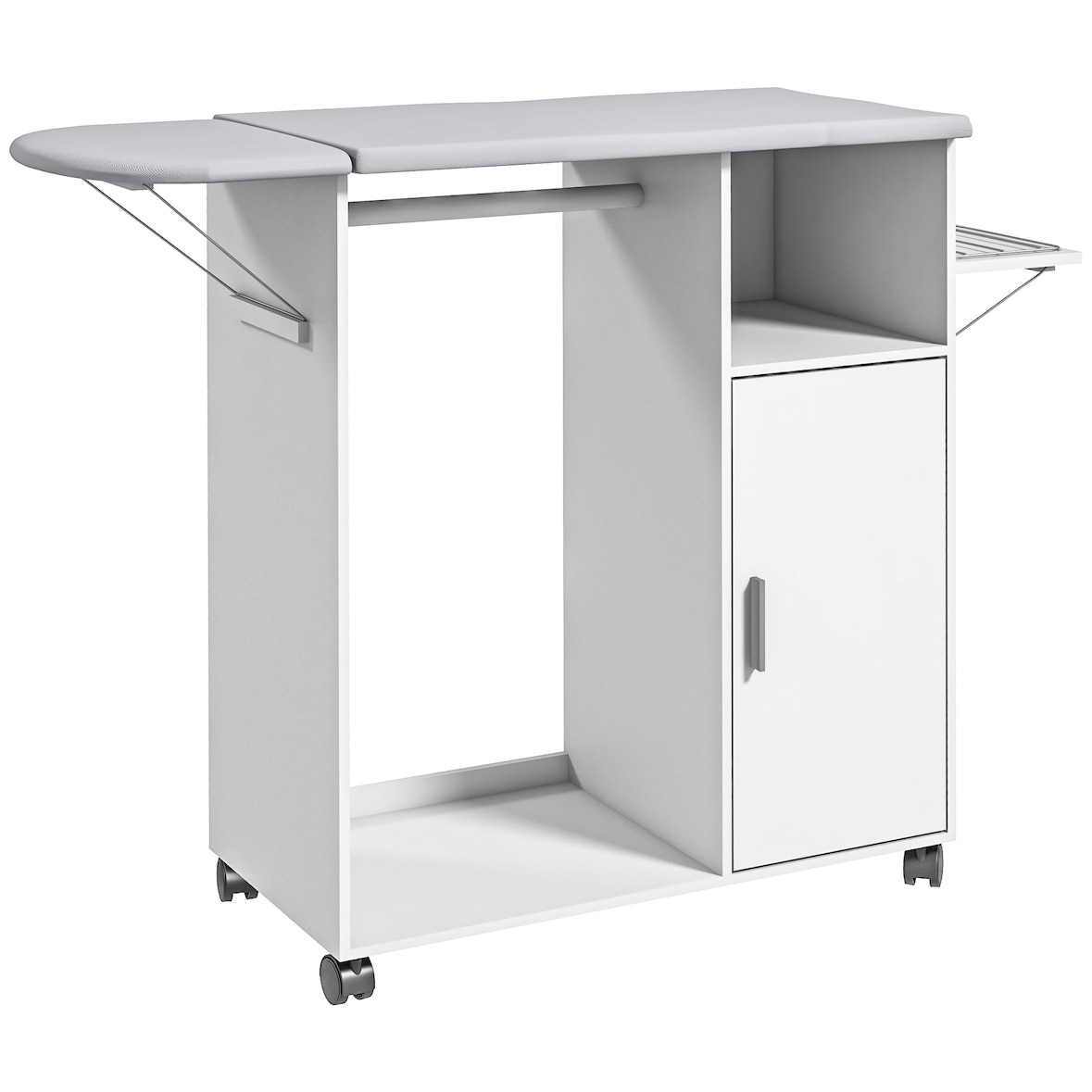 Mueble de planchar de madera mueble de planchado con ruedas barra para colgar ropa estante abierto y tablero plegable para dormitorio 107x42,5x99 cm