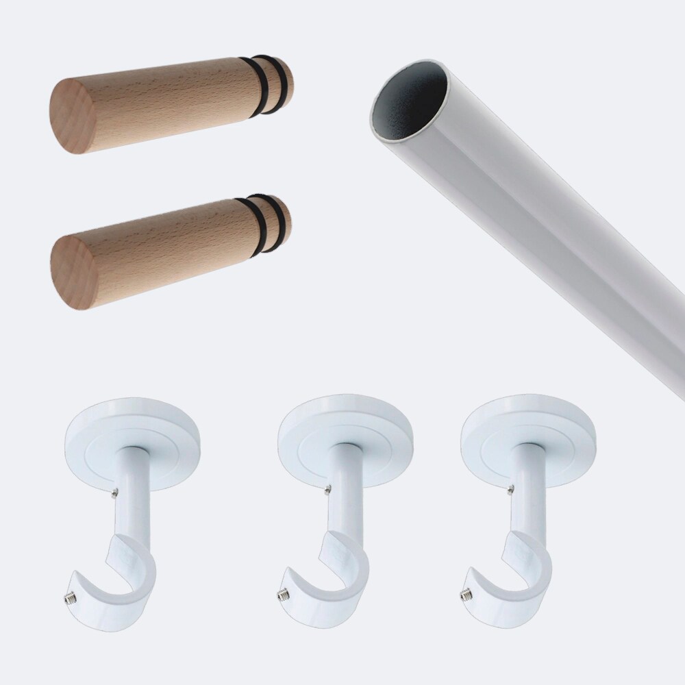 Kit de tringle à rideaux Blanc 250cm Diam.20mm Embout Cylindre Bois - Fixation Plafond - Boulet