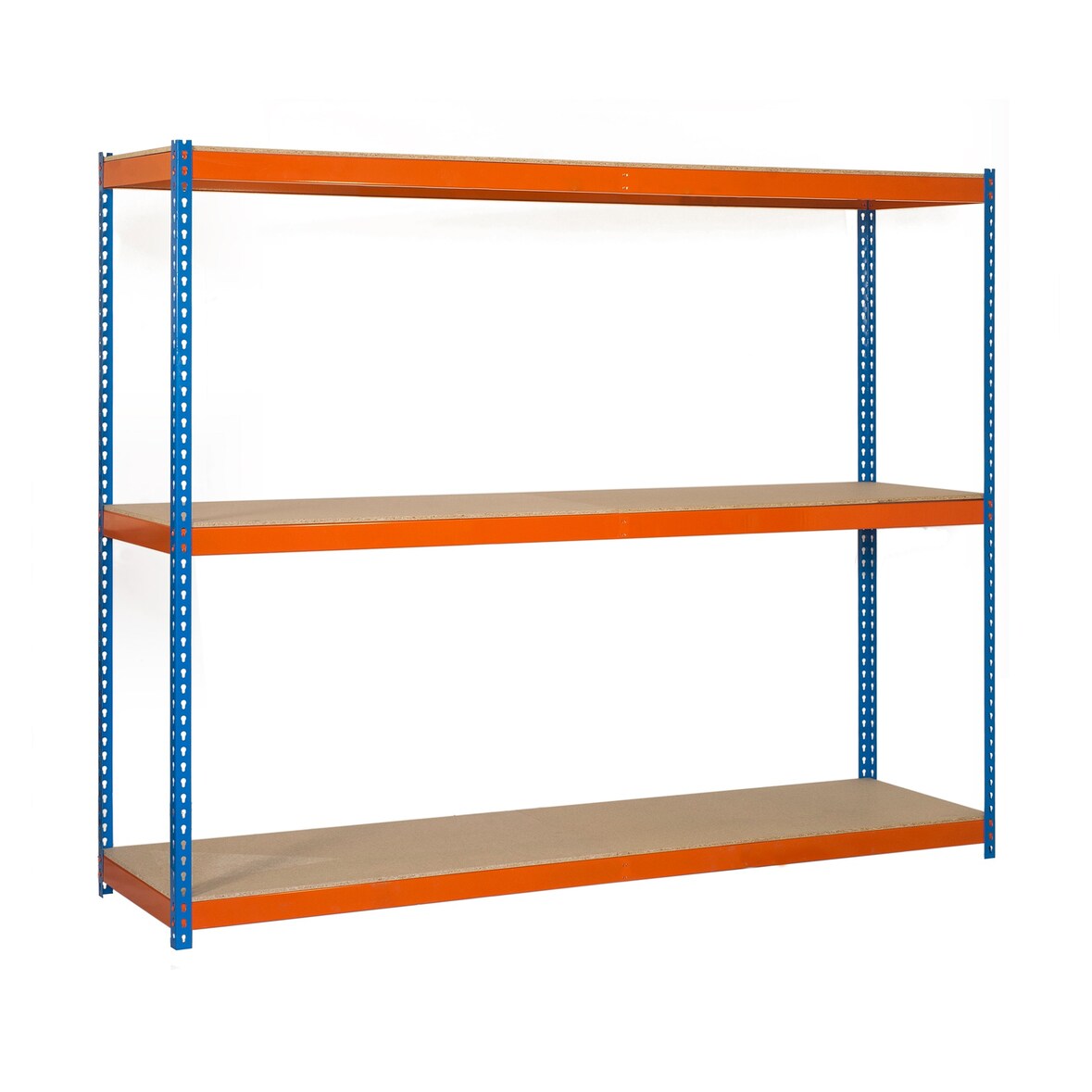 SimonRack Industrieel rek, 2000x1200x750 mm, 400 kg buigpunt, 3 houten legborden, garagerek, Blauw/Oranje/Hout- Ecoforte