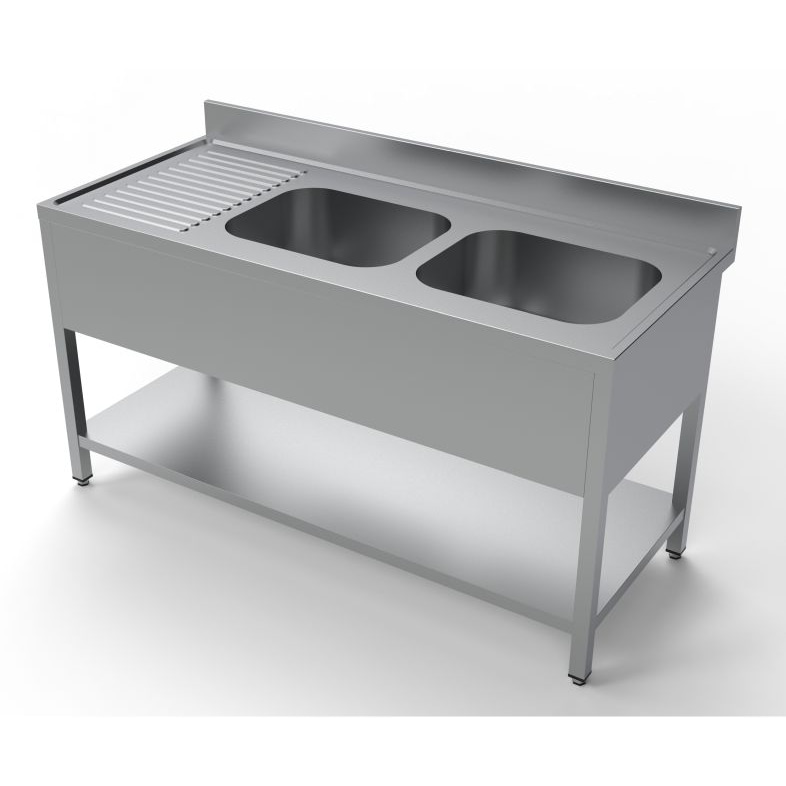 Combisteel Spültisch 2 Becken rechts mit Grundboden aus Edelstahl 1600x700x850mm