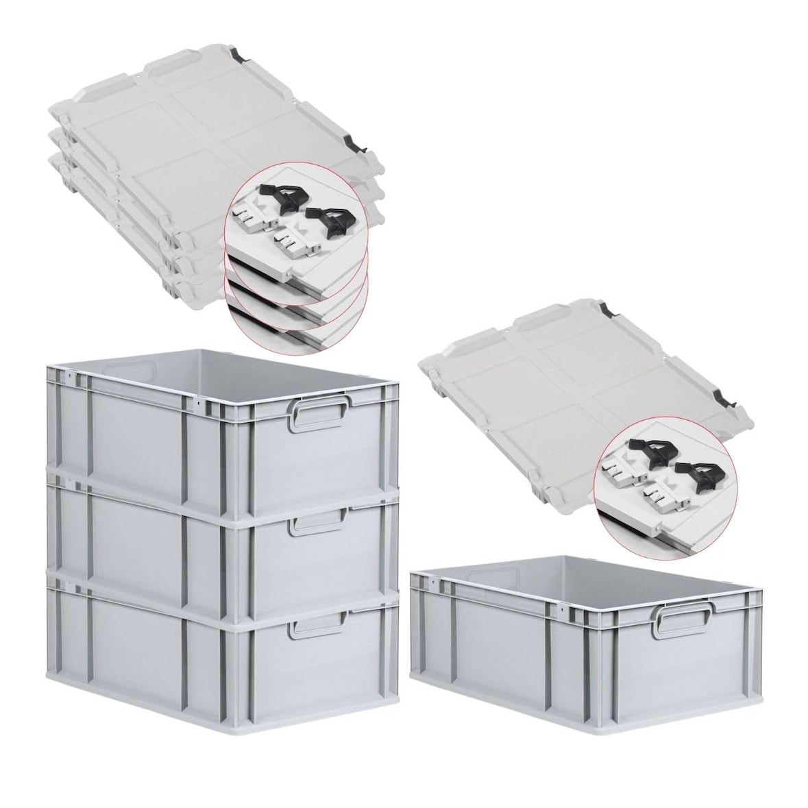 PROREGAL SuperSparSet 4x Eurobox NextGen Economy mit Scharnierdeckel & schwarzen Verschlüssen, Griffe zu, HxBxT 22x40x60cm, 44L, Eurobehälter, Box