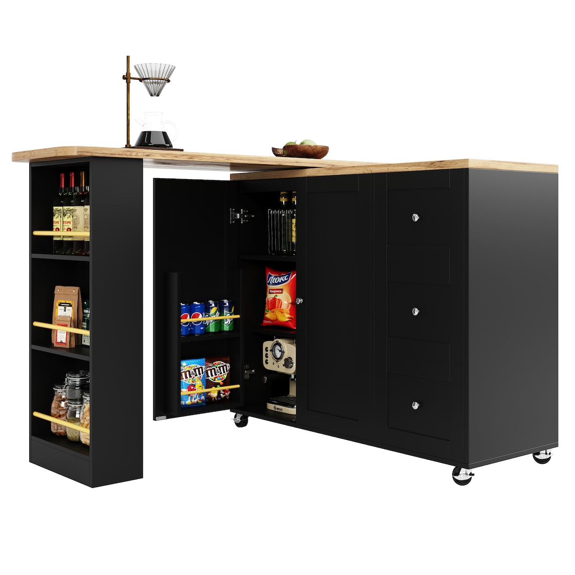 Barwagen Stehtisch drehbar auf Rollen Schwarz 203x39x106 cm mit 3 Schubladen 2 Türen Snackregal MDF Stauraum modern als Raumteiler