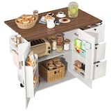 thumbnail of Kücheninsel Servierwagen Beige 140x73x93 cm mit klappbarer Arbeitsplatte, 3 Schubladen, Schrank mit Türen, 5 Rollen mit Feststellern