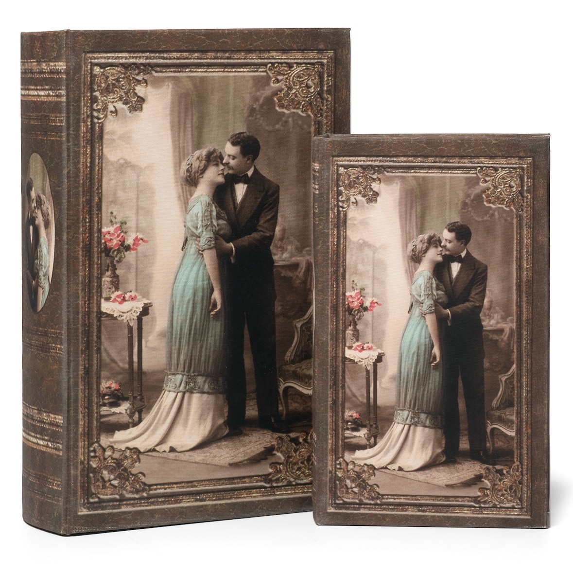 Moritz 2er Set Aufbewahrungsbox Deko Mann und Frau Vintage Foto Bilderrahmen Buch Safe Box Schatulle Buchhülle Geldversteck