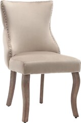 thumbnail of Esszimmerstuhl Samt Beige 91x50x52 cm mit Knopfsteppung und silbernen Ziernägeln, gebogene Massivholzbeine, Polsterstuhl im Retro Look