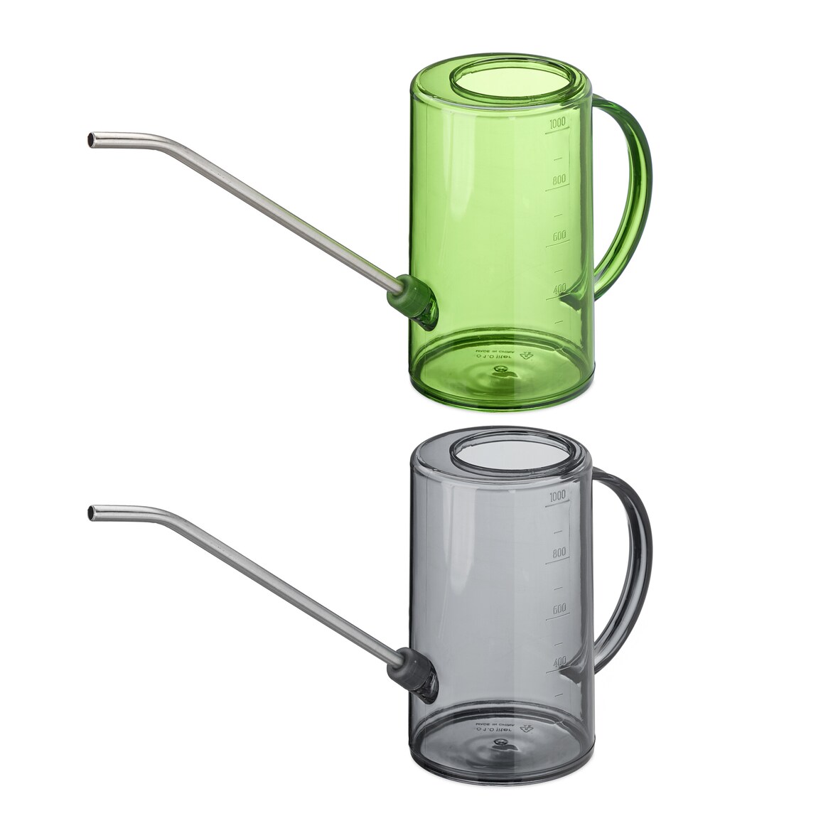 Relaxdays Gießkanne Zimmerpflanzen, 2er Set, 1 l, Kunststoff, Edelstahl, Blumengießkanne für Zimmerpflanzen, grau/grün