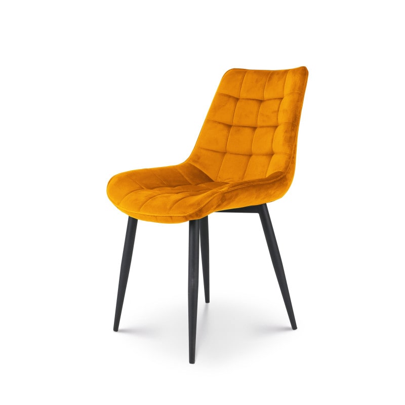 Chaise de salle à manger en velours jaune moutarde – Assise rembourrée confortable – Pieds en métal noir