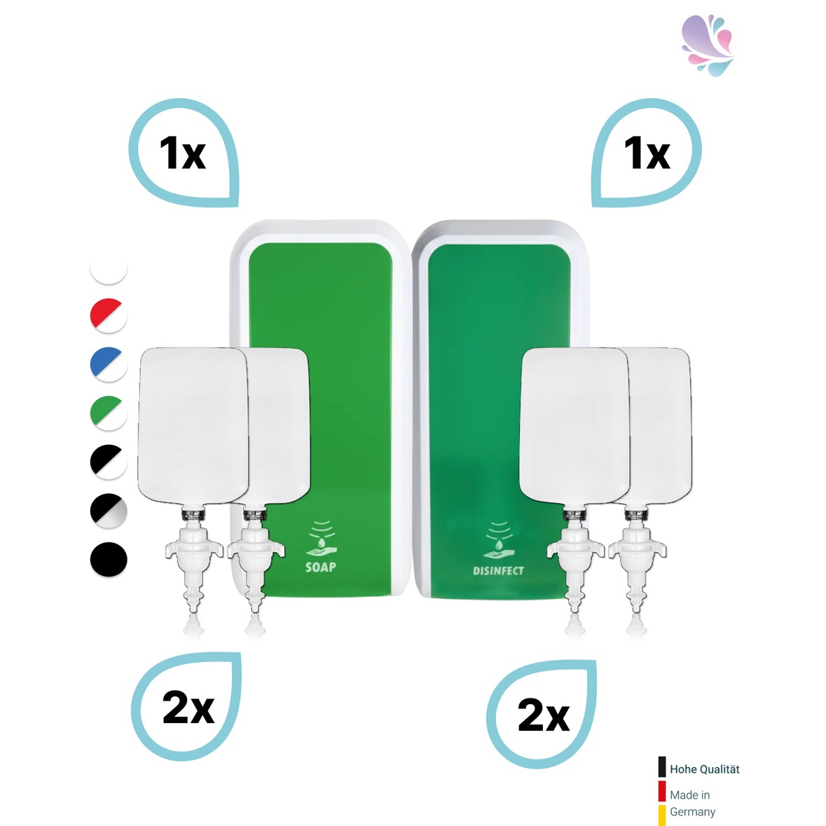 KOMPLETT-SET HANDHYGIENE SENSOR: Desinfektionsspender SENSOR + 2 Kartuschen & Schaumseifenspender SENSOR + 2 Kartuschen