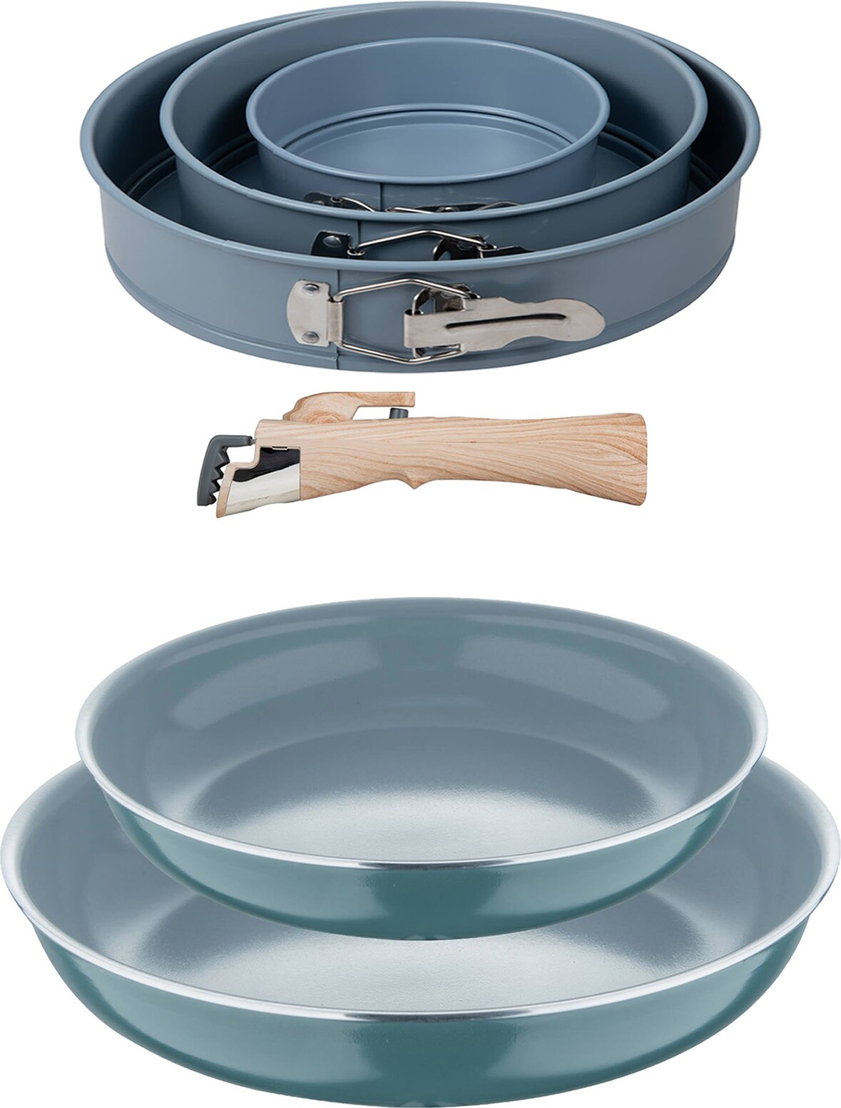 BERGNER - Jogo de 2 Frigideiras Ø24/28cm em Alumínio Prensado Reciclado Verde com Cabo Removível com Jogo de 3 Formas de Forno Redondas Ø12/Ø18/Ø22cm
