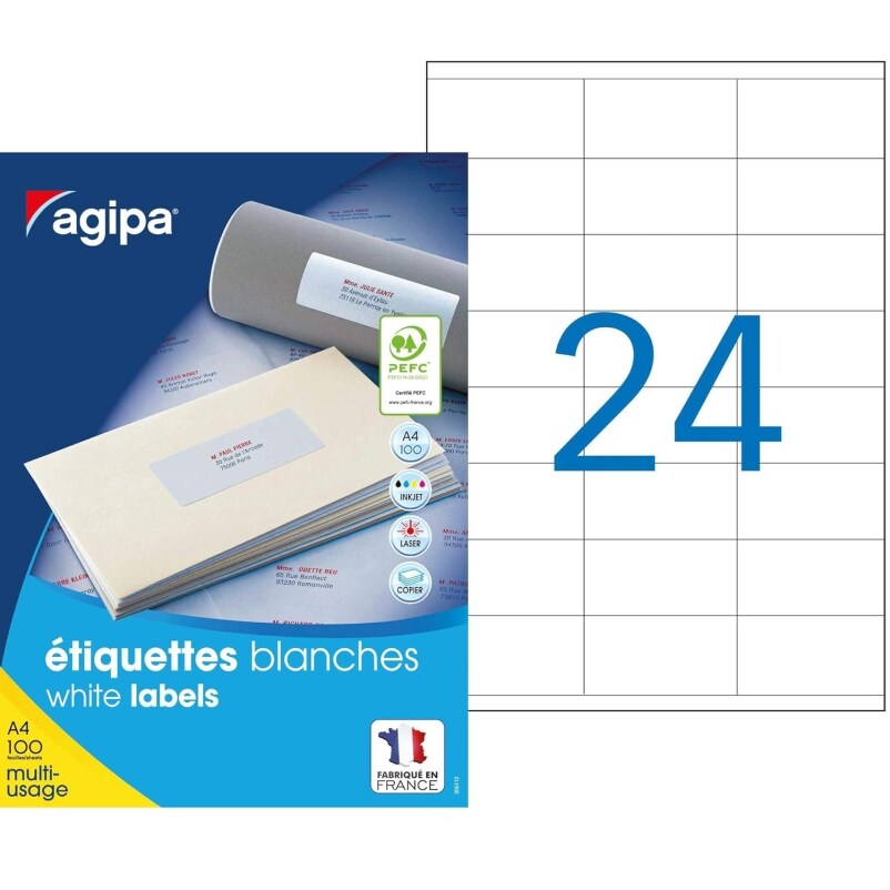 2400 étiquettes blanches multi-usage, format 70 x 36 mm (100 feuilles A4 / cdt) - Pose Express