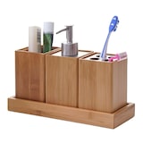 thumbnail of 4-teiliges Badset HWC-B85, Badezimmerset Badaccessoires Seifenspender Zahnbürstenhalter, Bambus