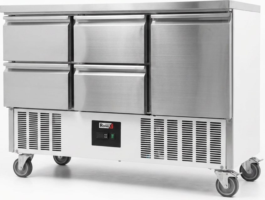Romux® Saladette und Pizzatisch 1 Tür und 4 Schubladen 135x70 cm 240 Liter Statisch | Kühltisch von Pizzen und Salaten