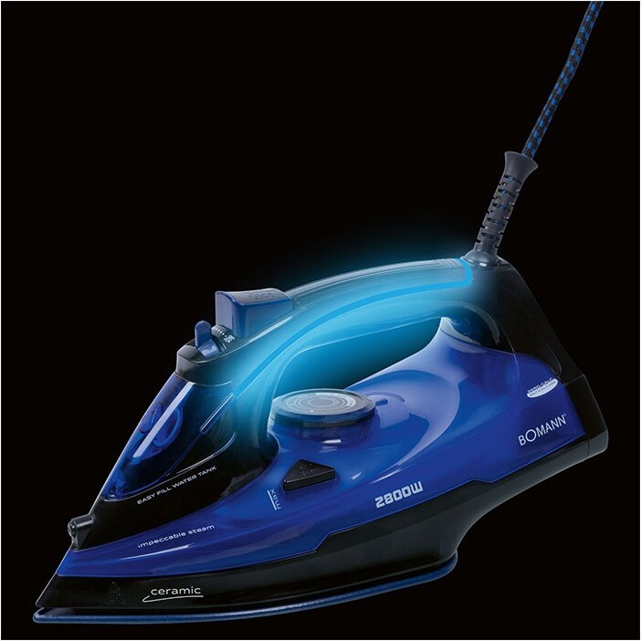 Bomann DB 6038 Plancha Ropa Vapor, Suela Cerámica, Vapor Vertical, Golpe Vapor, Antical, Autolimpieza, Cable 360º 2800W Negro/Azul