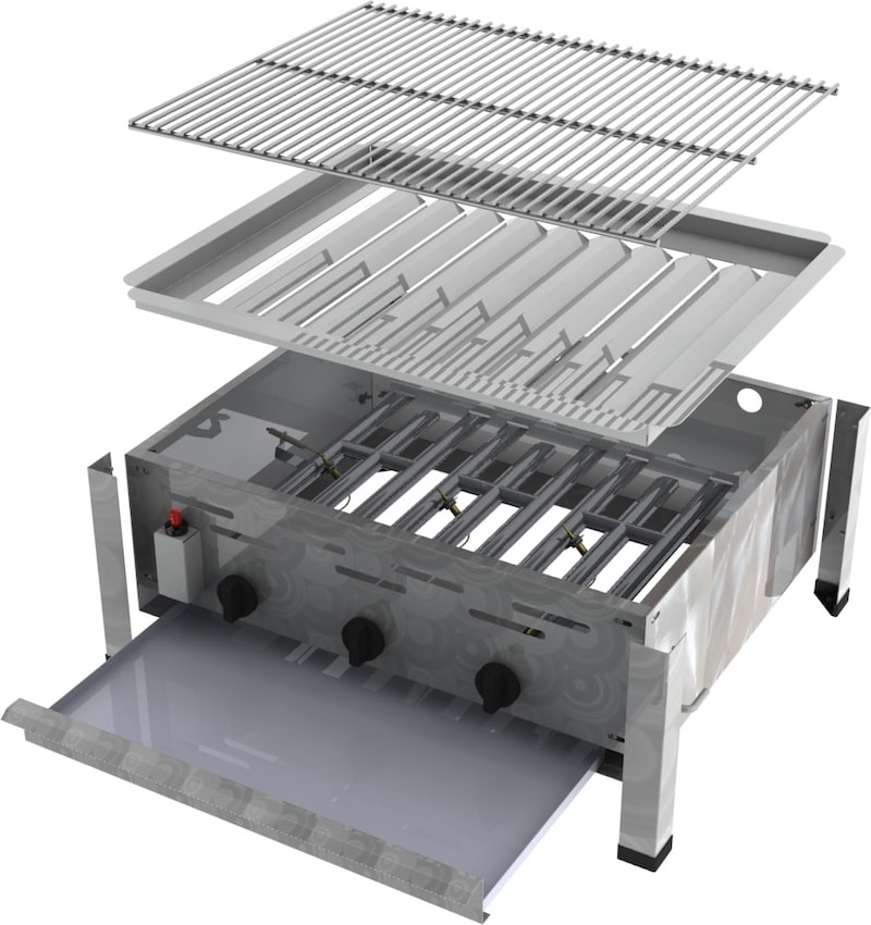 Ein zerlegter Gasgrill mit drei Brennern.