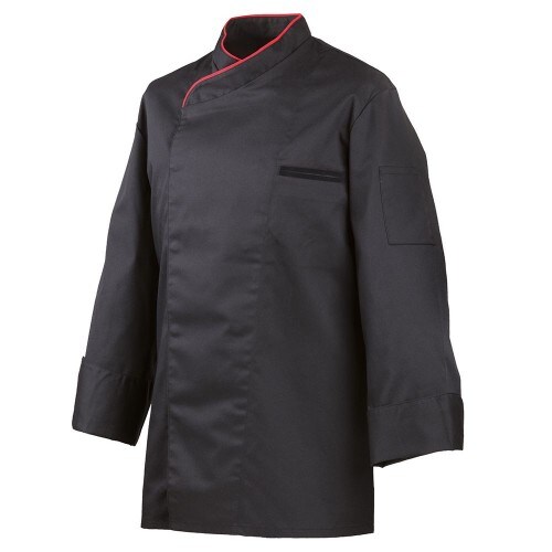 212 - Kochjacke langarm, mit Druckknöpfen, Fb. schwarz, mit farbiger Paspel : rot 65% Polyester 35%Baumwolle 220 g/m² 3XL