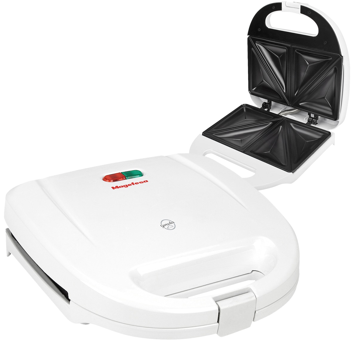 Magefesa Gouda - Sanwichera Blanca para 2 Sandwiches, 820W, Asa Fría al Tacto, Placas Antiadherentes, Regulador de Potencia, Base Antideslizante