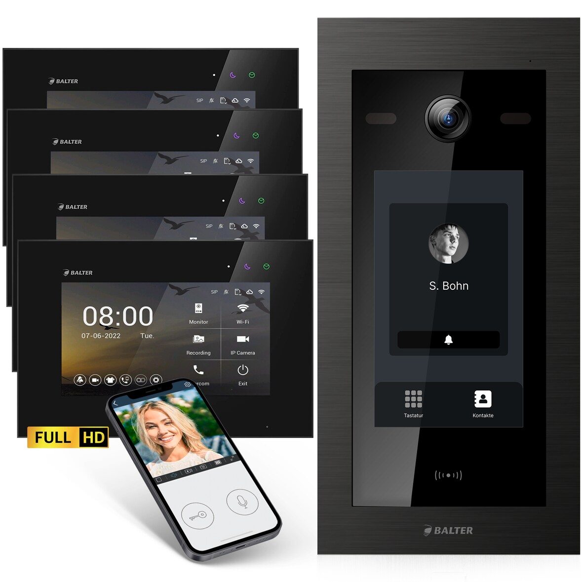 HD Video Türsprechanlage mit Touchscreen und RFID für 1 Familienhaus, 4x Monitore, Balter EVO HD Touch Schwarz