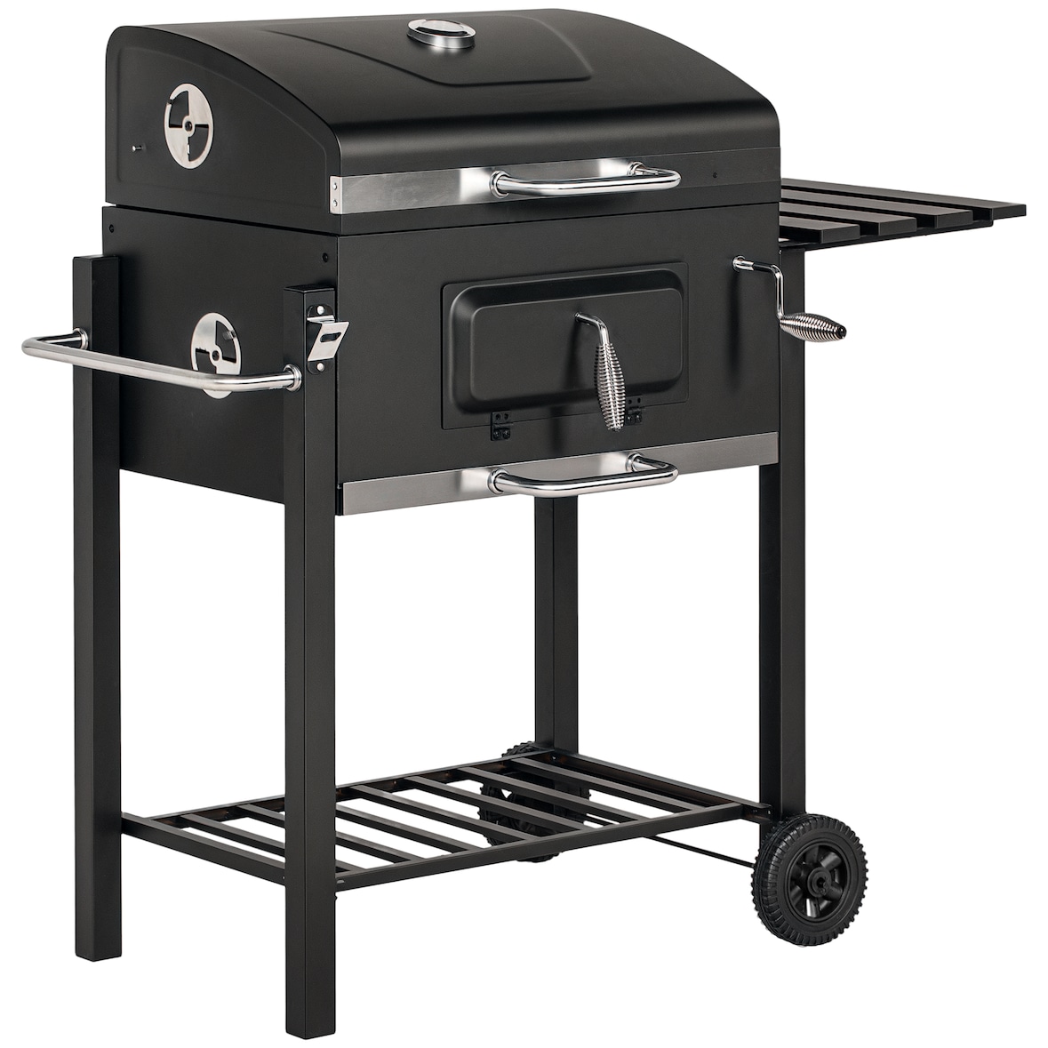 Barbacoa de Carbón con Ruedas Barbacoa con Tapa Parrillas de Acero Inoxidable Termómetro Brasero Ajustable Bandeja Lateral y Estante 113x65x108 cm