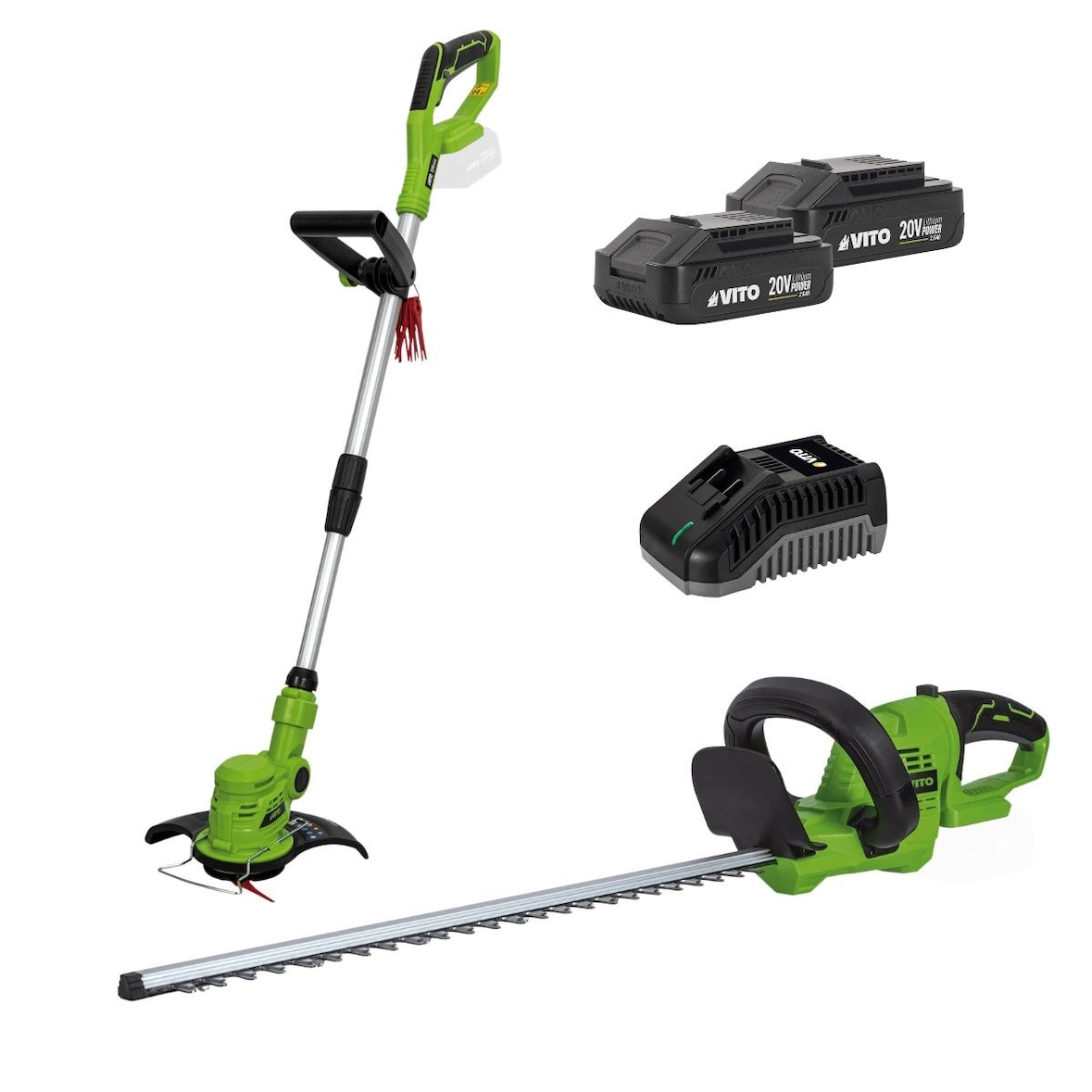 Coupe Bordure sans fil 20V + Taille Haies 20V + 2 Batteries Lithium 2AH LI + Chargeur + Jeu de 20 lames VITO