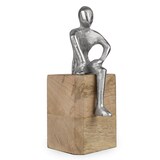 thumbnail of Moderne Dekofigur aus Aluminium auf Mangoholzsockel 9 x 8 x 17,5 cm - sitzende Figur mit herabhängendem Bein - stilvolle Skulptur im Industrie-Design
