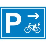 thumbnail of E-Bike Elektrorad Parkplatz mit Richtungspfeil rechts Aufkleber waagerecht A6 (105x148mm)
