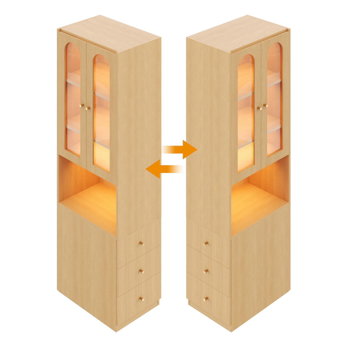 Bücherregal MDF Eichefarben 60 x 40 x 200 cm mit Glasvitrine, LED und 3 seitlichen Schubladen