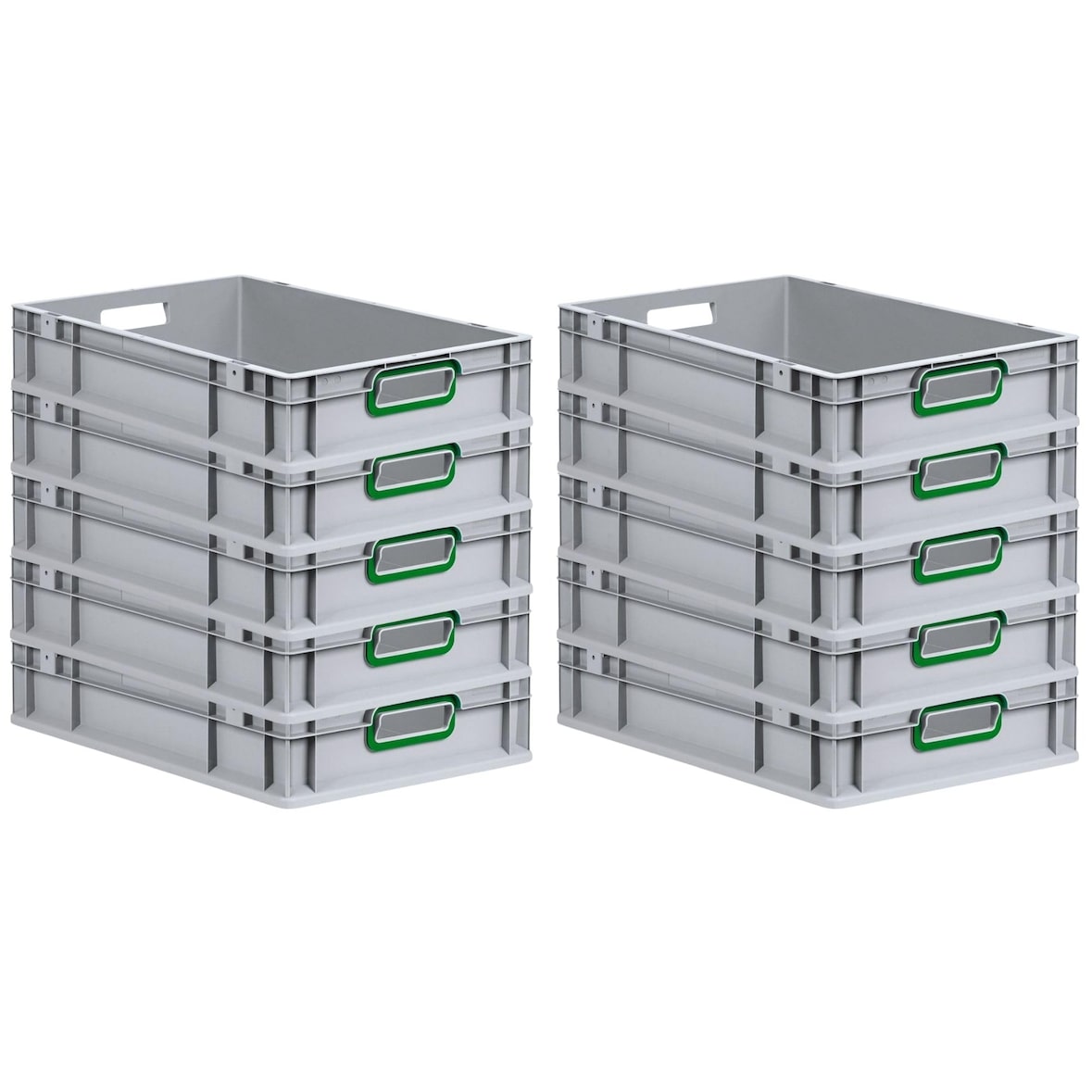 PROREGAL SparSet 10x Eurobox NextGen Color, HxBxT 12x40x60cm, 23 Liter, Griffe grün offen, Grau, Eurobehälter, Box, Transportbehälter