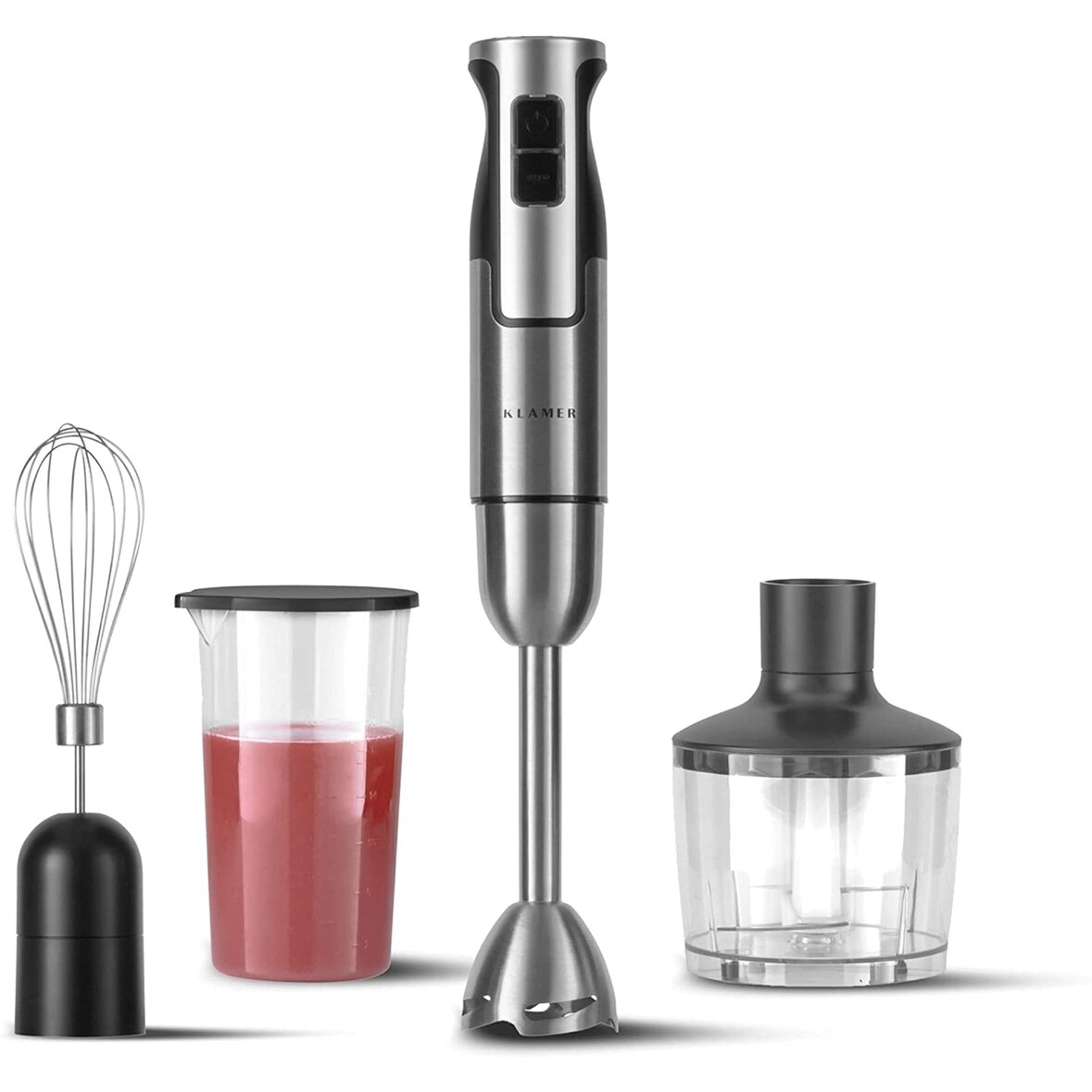 KLAMER Stabmixer Set 800 Watt, 4 in 1 Pürierstab Edelstahl mit stufenloser Geschwindigkeit und Turbo-Funktion