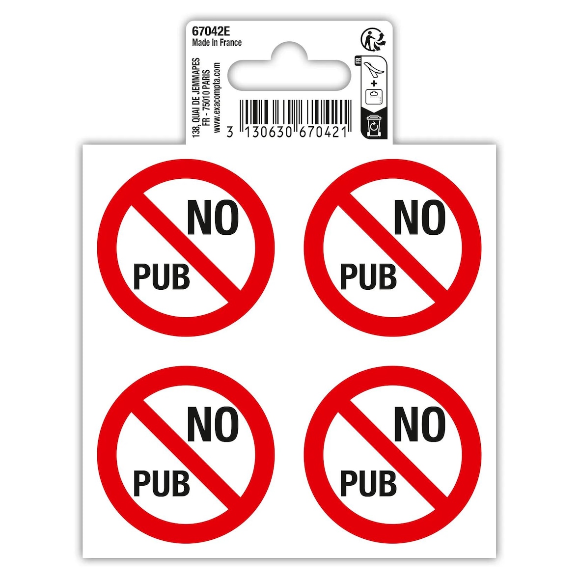 Exacompta 67042E Exacompta, Hinweisschilder selbstklebend, 4x No pub (keine Werbung), 10x10 cm, PVC - Rot