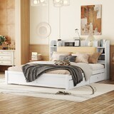 thumbnail of Flachbett 180x200 cm mit Vier Schubladen, Stauraum und Nachttisch – Weiß, Robustes Design aus Kiefernholz und MDF